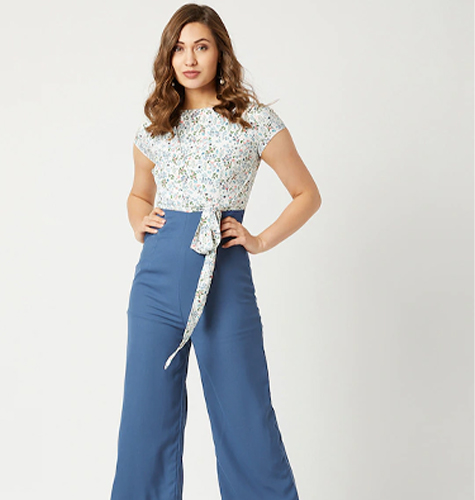 Women White & Blue Printed Basic Jumpsuit